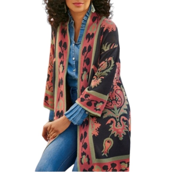 Soft Surroundings Icon Longline Cardigan Sweater PXS 3/4 Sleeve Colorful Art - Picture 1 of 11